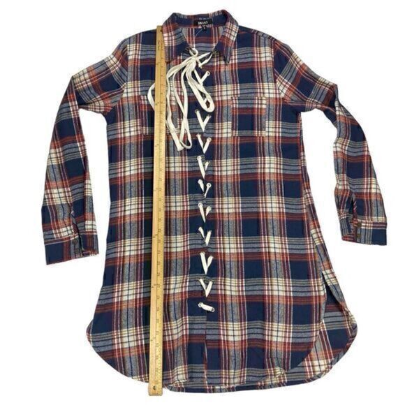 ENVME Long Tunic Flannel Dress Womens Sz Large Red Blue Plaid Lace Up NEW - Picture 9 of 14